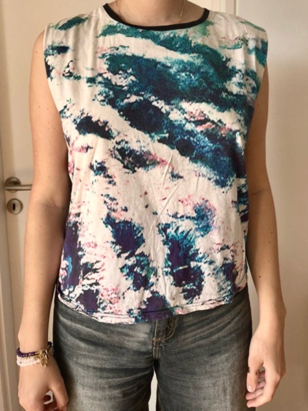 Maje Sleeveless Abstract Ocean Waves Print Tank Top in White & Teal & Black Back